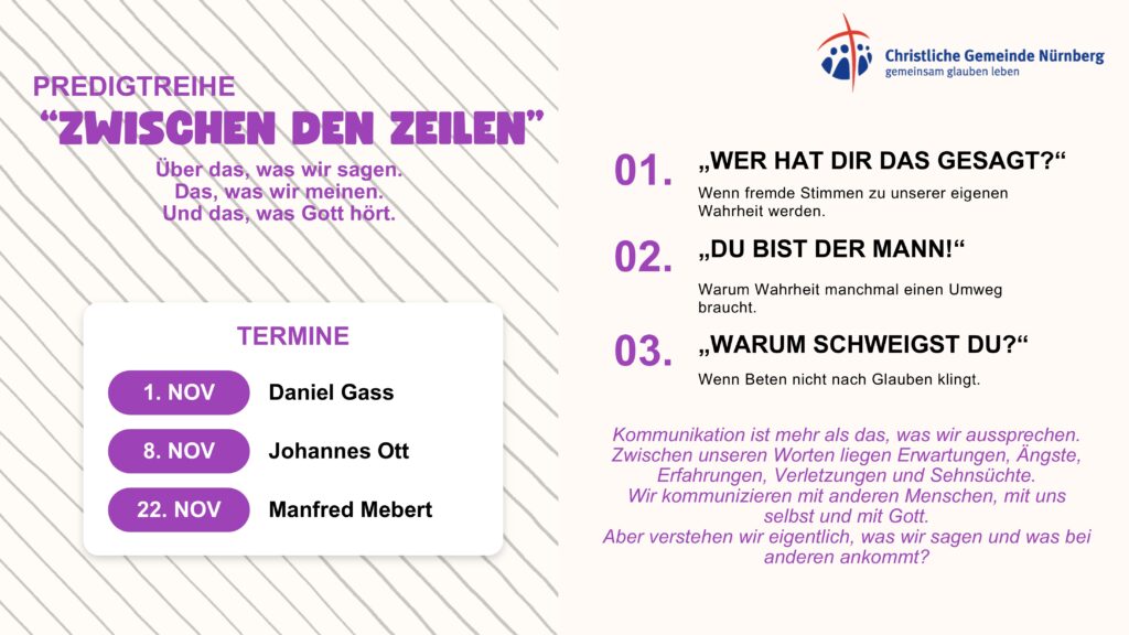 Predigtreihe „Zwischen den Zeilen“ – Über das, was wir sagen. Start am 1. November 2026.